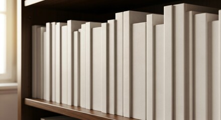 Obraz premium A wooden bookshelf filled with a neat row of books, many with lightcolored spines, illuminated by soft natural light