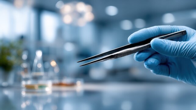 Gloved hand in blue nitrile medical gloves holds sterile stainless steel surgical tweezers with a precise grip in a bright clinical laboratory setting with blurred glassware in the background