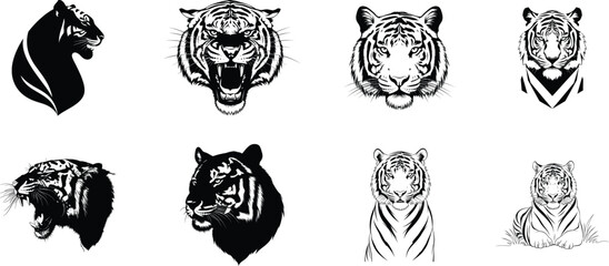Collection of striking black silhouettes depicting various big tiger faces and heads silhouette © MD