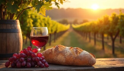 Obraz premium Glass of red wine, bunch of grapes, and loaf of bread sit on wooden table at sunset. Vineyard landscape behind with rows of grapevines under warm golden light.