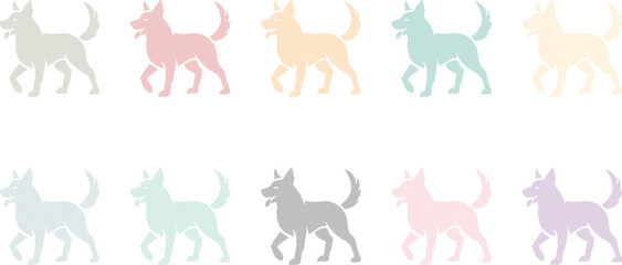 Obraz premium Group of walking dog silhouettes in pastel colors, Pastel canine silhouettes animal set
