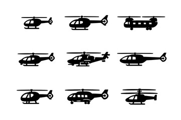 Set of black helicopter silhouettes and icons for air transport and rescue services © PAPA STOCK