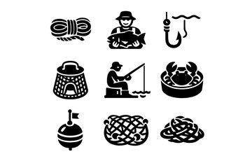 Collection of fishing and seafood harvesting equipment icons and fisherman silhouettes © PAPA STOCK