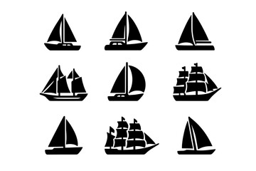 Set of nine different sailing boat and tall ship silhouettes for maritime navigation and travel icons