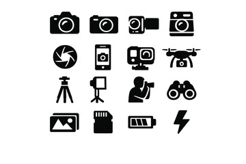 Black glyph icons of photography and videography equipment like cameras, drone, and tripod