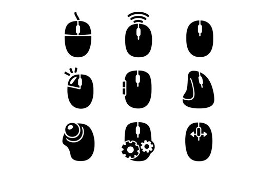 Collection of nine black silhouette computer mouse icons for technology input devices