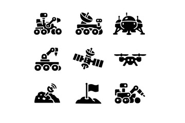 Space exploration technology symbols featuring planetary rovers, satellite, lander, and drone © PAPA STOCK