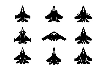 Collection of modern military fighter jet and stealth bomber aircraft icons