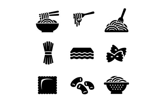 Collection of various pasta and noodle icons including spaghetti, lasagna, ravioli, and ramen