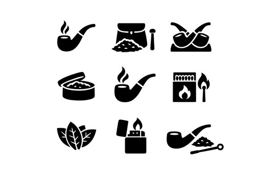 Black glyph icons set of pipe smoking accessories including tobacco, lighter, and matches