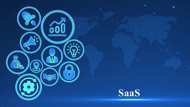 Saa S Concept with Global Map and Business Icons on Blue Background SaaS software as a service