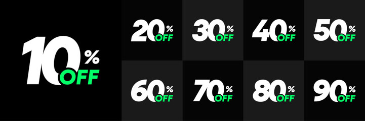 Percent Off Discount Set 10 to 90 with Green Neon Accent on Black Background