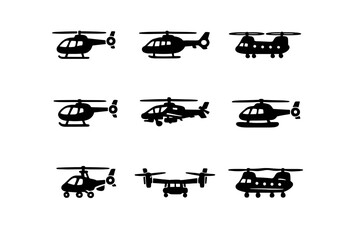 Collection of military and civilian helicopter silhouettes representing aerial transport vehicles