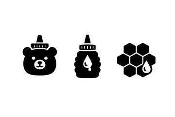 Obraz premium Essential black glyph symbols depicting honey, bear dispenser bottle, and natural honeycomb structure