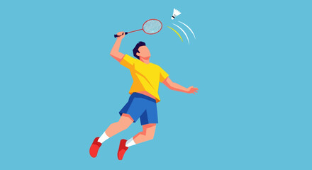 Fototapeta premium Man leaping in air, playing badminton with racket and shuttlecock, dynamic athletic motion, vector illustration, sports action scene, vibrant colors