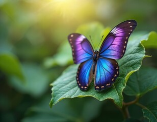 Obraz premium Majestic purple and blue butterfly rests on green leaf. Insect has open wings showing intricate patterns. Sunlight illuminates scene, evoking nature beauty.