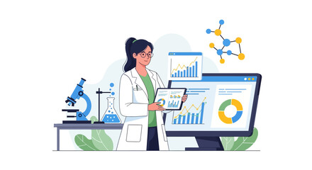 Illustration of a female scientist working on a computer with a microscope and various scientific equipment in a laboratory setting, symbolizing Women in Science and International Day of