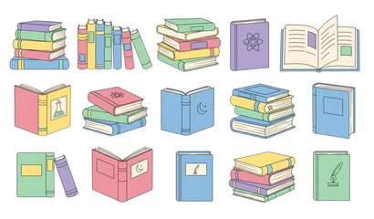 Cute colorful book stack vector set isolated on white background