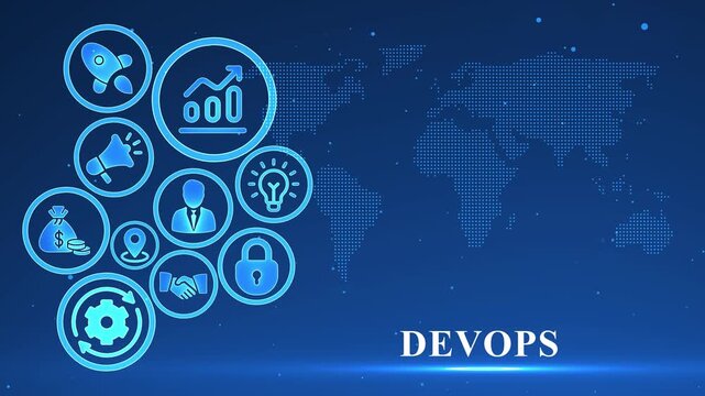 Blue digital icons representing business concepts and a world map on a dark blue gradient background with glowing particles