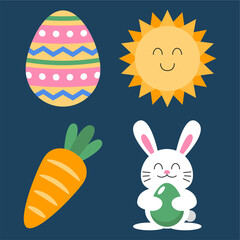 Cute Flat Illustration of Easter Egg, Rabbit, Sun, and Carrot