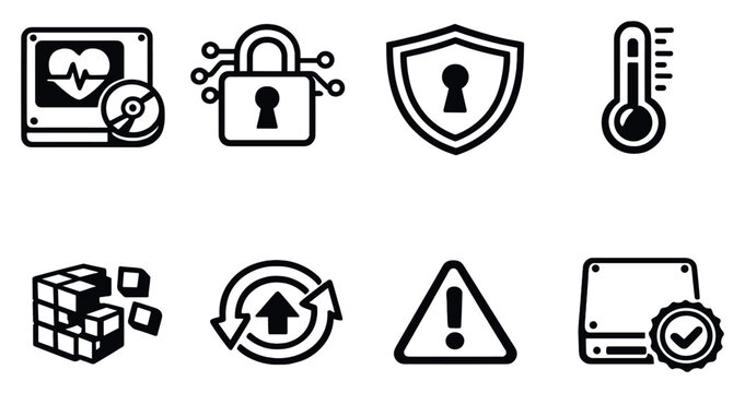 Maintenance and security in outline style: drive health monitor, encryption lock, secure access shield, temperature gauge, defragmentation icon, firmware update. Vector icons