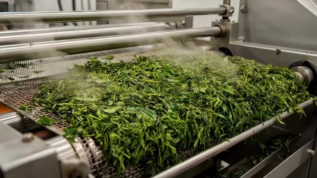 Medium shot of tea leaves being evenly spread on a continuous belt steamer capturing the precision of highheat treatment halting oxidation in the tea processing line.