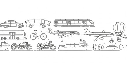 Collection of Hand Drawn Transportation Vehicles and Modes of Travel. © Ardana