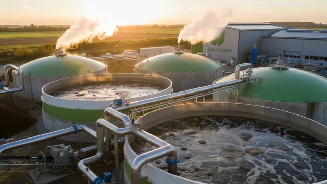 Medium shot of a biogas plant with bubbling fermentation tanks and pipes emphasizing ecofriendly energy production from organic manure.