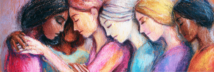 Women are gathered together with arms around each other on March 8 to show support for one another. The scene reflects solidarity for International Women Day