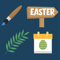 Flat Style Easter Elements: Paintbrush, Sign, Branch, and Calendar Icon