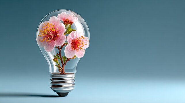 Vibrant lightbulb encasing colorful blossoms with delicate pink petals, set against a soft gradient blue backdrop, emphasizing themes of innovation and growth in a visually striking composition