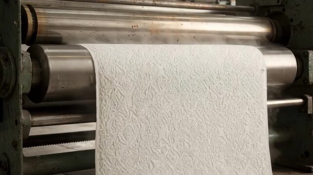 Medium shot showing embossed fabric being formed as heated rollers imprint intricate textured patterns adding dimensional surface detail and depth.