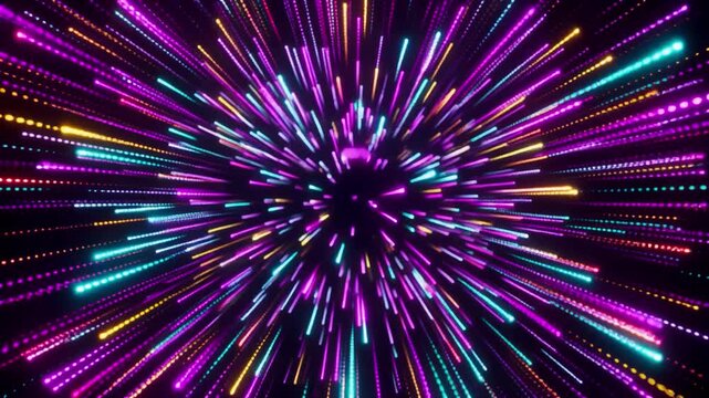 Seamless Loop of Vibrant Neon Pixels Flying Outward with Cyberpunk Energy Glow