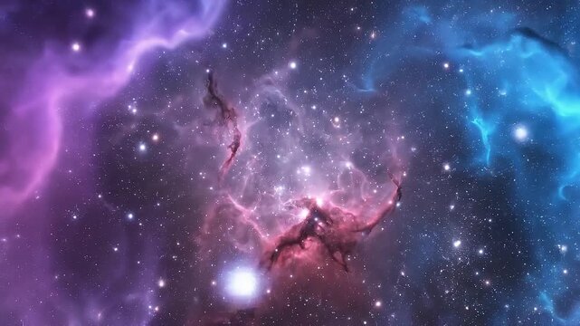 A breathtaking wide shot of a vibrant deep space nebula, shimmering with brilliant stars and cosmic dust, featuring mesmerizing hues of purple, blue, and faint reddish tones in the vast universe.