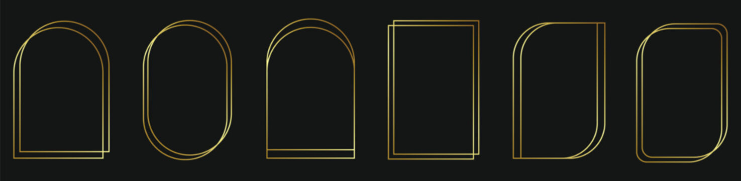 Minimal arch frame outline set in elegant gold on dark style. Geometric window and doorway shapes for luxury layouts and branding. Clean vector elements for posters, invitations, and digital design.