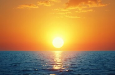 Bright sun sets over calm ocean water. Warm orange sky meets deep blue sea at horizon. Gentle waves reflect sunlight creating shimmering path towards viewer.