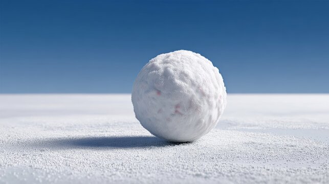 Elegant snowball with a pristine snow-white appearance resting on a smooth, snow-covered ground under a clear blue sky, showcasing ultra-photorealistic detail and softbox studio lighting