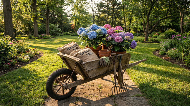 A garden with flowers and tools next to bags of organic soil and a wheelbarrow in the afternoon light.