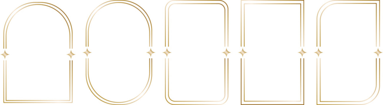 Minimal arch frame outline set in soft gold style. Geometric window and doorway shapes for elegant layouts and modern branding. Clean vector elements for posters, invitations, and digital design.