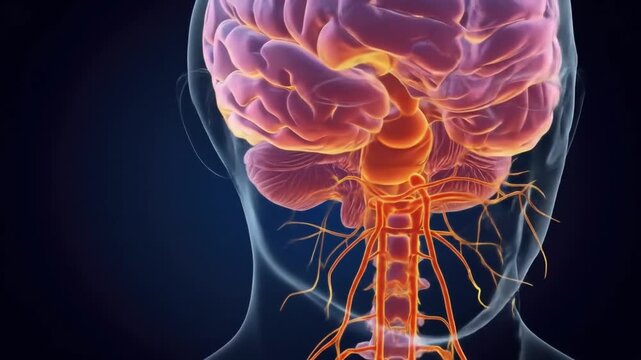 Human brain vascular system, internal view, dark background, medical visualization