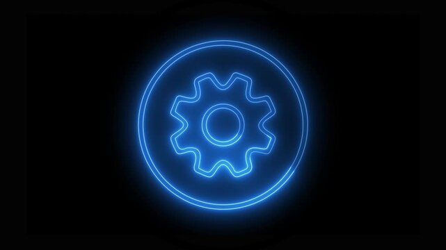 Glowing blue neon gear icon rotating inside a circle animation on a black background, settings, options, preferences, configuration, or technical support