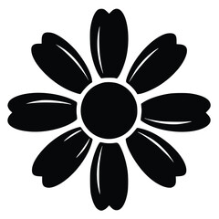 Simple black and white illustration of a stylized flower with rounded petals and a circular center perfectly isolated on a white background
