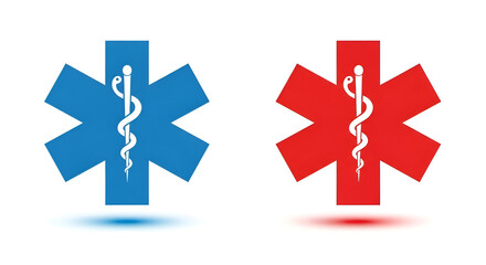 Vector illustration of a medical star symbol in two color variations: blue and red.