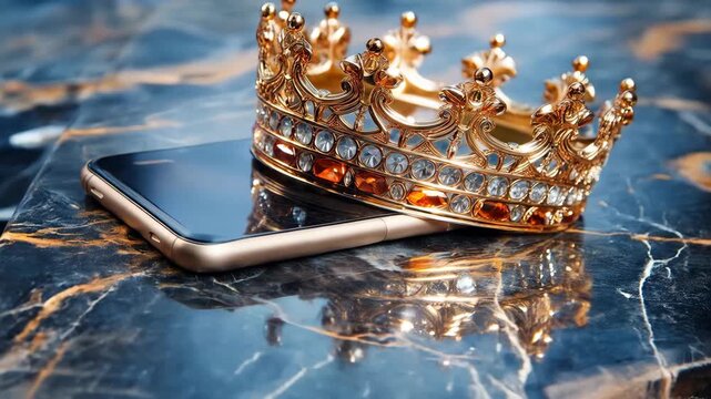 Golden crown rests on a smartphone on a dark marble surface in a modern setting during the day