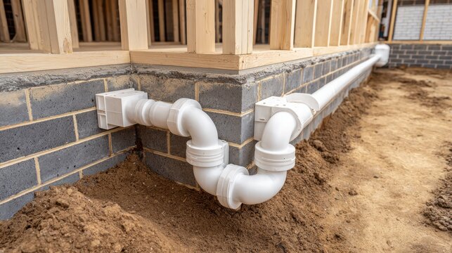 Medium shot of a basement corner with newly installed drainage system pipes diverting water away from the homes foundation.