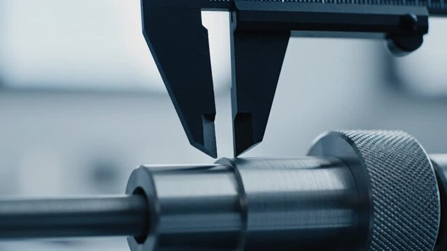 Precision Caliper Measuring Steel Shaft Diameter in Workshop.