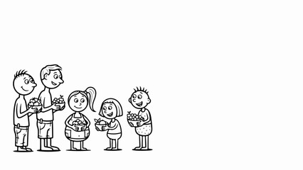Fototapeta premium Cartoon people bowls illustration shows a small group of adults and children holding dishes. Cartoon people bowls design emphasizes unity and simple interaction.