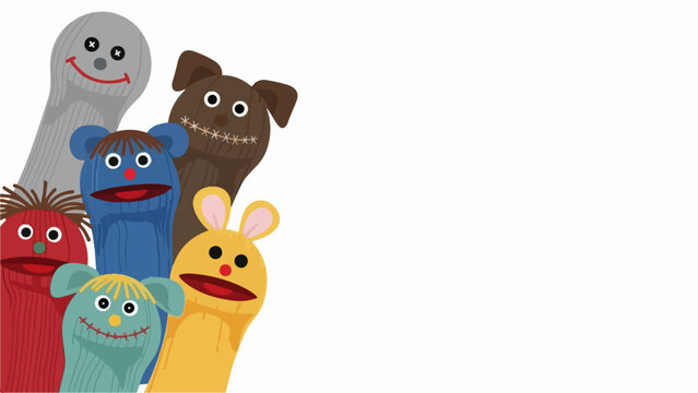 Colorful sock puppets peeking from corner, displaying various expressions and friendly faces, sock puppets create playful atmosphere.
