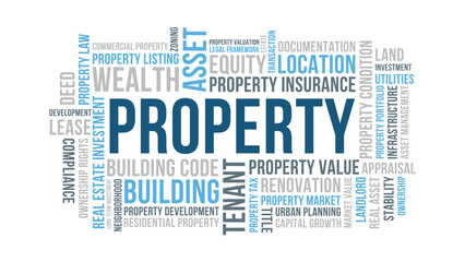 Obraz premium Property word cloud real estate investment asset and building concept. Property valuation and management typography