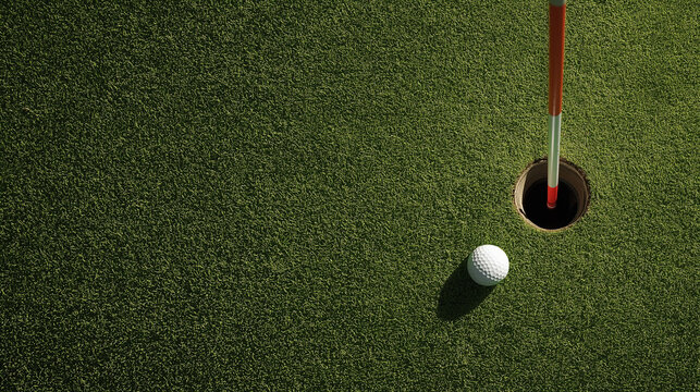 Golf ball next to hole with flag on green grass course. Recreational sport background for tournament. Summer outdoor activity.